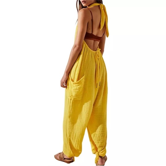 Free People Knot it Up Primrose Yellow Gauze Jumpsuit 💛 Medium Oversized - Picture 13 of 13